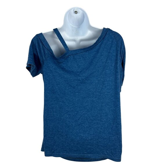 Asymmetrical Blue Short Sleeve Womens Top Side Button Accents - Picture 3 of 5